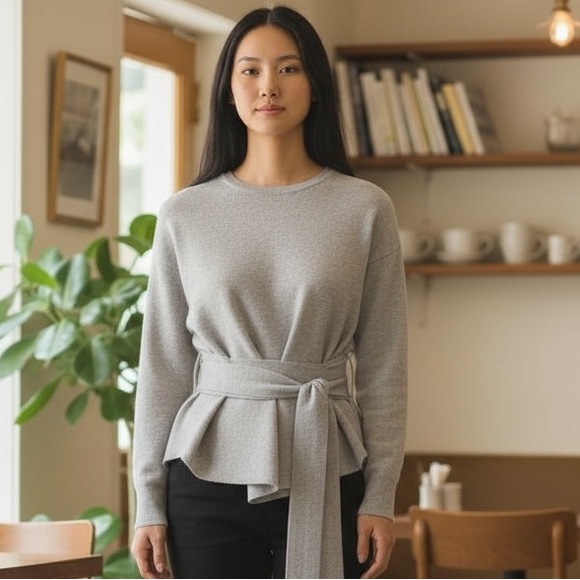 NWOT Modern Citizen Women’s Heather Grey Nara Tie Front Top in French Terry Fall - Picture 2 of 7